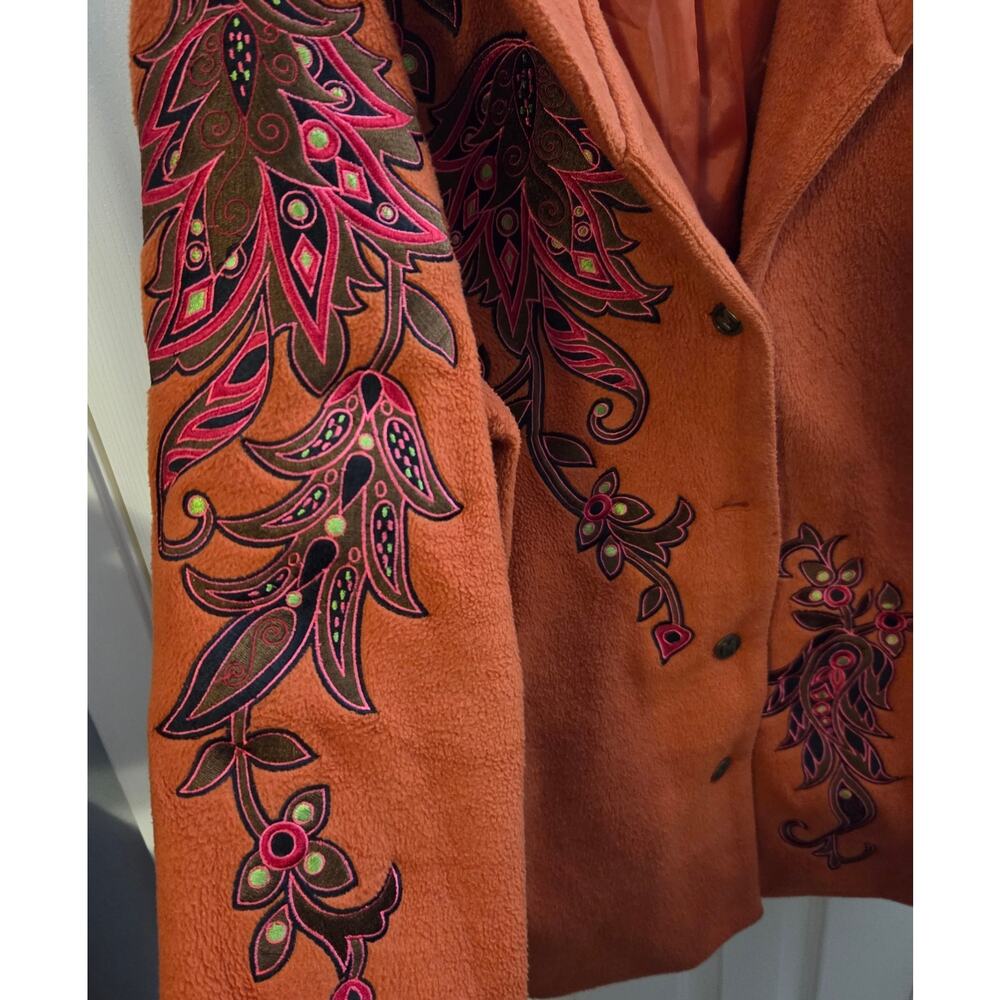 Bob Mackie Wearable Art Embroidered Fleece Jacket Orange Large - Picture 3 of 8